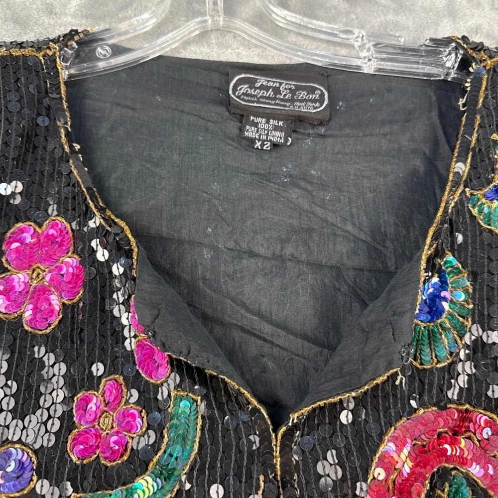 VTG Jean for Joseph Le Bon Jacket Womens XL Silk Sequin Floral Beaded Black EUC